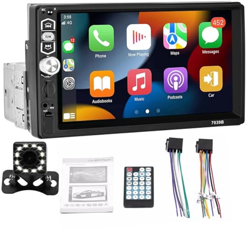 Autoradio Single Din con Apple Carplay Android Auto, 7 Bluetooth Autoradio vivavoce con 12 LED Telecamera per retromarcia Supporta AUX/TF/USB EQ Radio FM Mirror Link SWC, Ricevitori audio per auto