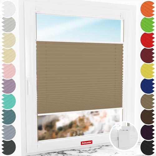 Schuette® Plissee ohne Bohren zum Kleben ● Thermo Kollektion: Mocha Dream (Hellbraun) ● 55x80cm (Breite x Höhe) ● Suprafix Klebe- & Schraubhalter 2in1 Set Letsbond ● Bequeme Rollo