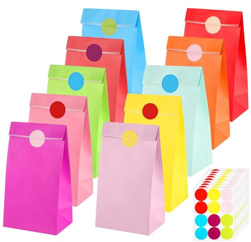 100 Stück Papiertüten Bunt, 18 x 9 x 6 cm Geschenktüte Klein mit 108 Aufkleber Tüten Kindergeburtstag Mitgebsel Tüten Partytüten für Hochzeit Geburtstag Weihnachten Feiern (10 Farben)