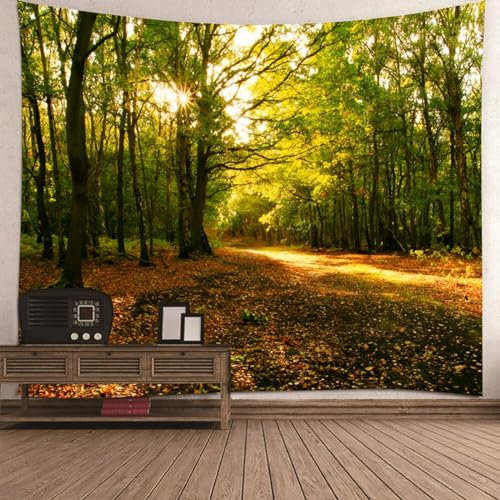 Skcess Wandteppich Klein, Wandteppich Wald Grün Waldbäume Sonnenlicht Polyester Wandteppiche 150X130CM
