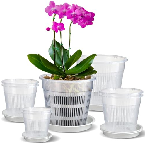 8 Stück Transparenter Orchideentopf, 11/14/16/19cm Kunststoff-Pflanztöpfe | mit Ablaufloch und Tablett, Zimmerpflanzentöpfe für Orchideen-Umtopf-Set, Samen-Sämling-Töpfe für Wurzelwachstum