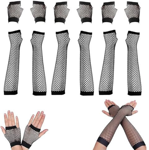 Lunyloer Fischnetz Handschuhe - 6 Paar Damen Fingerlose Lang und Kurz Netz Mesh für 80er Jahre Verkleidung Kostüm Party Lieferungen Schwarz (23×6cm, 8×6cm)