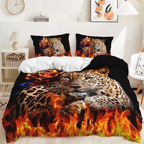 Yaofeiou 3D Effekt Tier Bettwäsche 135x200 Leoparden und Flammen Muster Bettwasche Schwarz Weiß Wendebettwäsche Mikrofaser Bettbezug Einzelbett Mädchen Jungen bettwäsche mit 1 Kissenbezug 80x80