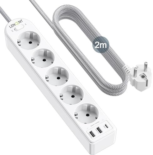 LENCENT 8 En 1 Regleta Enchufes de 5 Tomas Corrientes y 2 USB-A y 1 USB-C, 4000W Base Multiple con Interruptor, Regleta USB con Protección contra Sobrecargas, Montaje en Pared con Cable 2M