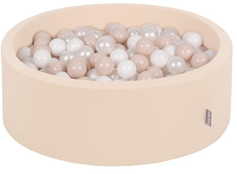 KiddyMoon Rund Bällebad Bällepool 90X30cm/200 Bälle ∅ 7Cm Ballgruben Für Babys Spielbad Kleinkinder, Beige:Pastellbeige/Weiß/Perle