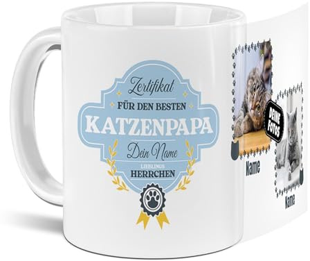PfotenSchild Katzen-Tasse mit 2 Fotos und 3 Namen Zertifikat - Bester Katzenpapa - Geschenk für Katzenbesitzer zum Geburtstag | Personalisiertes Geschenk, 300 ml