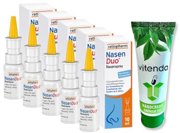 Nasenduo - Spray nasal 5 x 10 ml, incluye una crema de manos de vitenda – Ayuda fiable contra la secreción nasal y la congestión nasal – Spray nasal descongestionante y nutritivo
