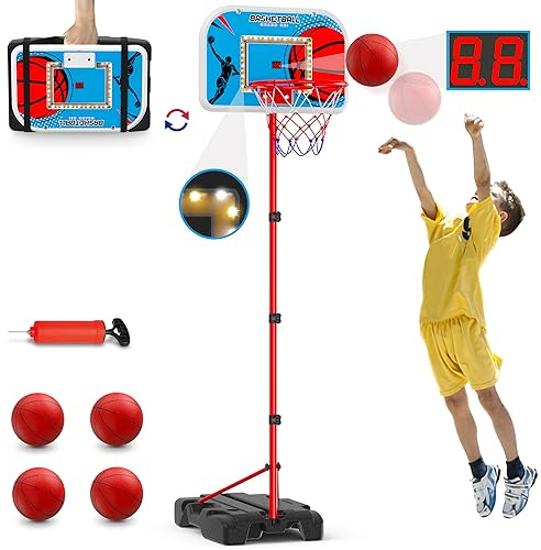 HYES Kids Basketball Hoop Indoor, Toddler Basketball Hoop Outdoor, with Package Design/Adjustable Height/4 Balls, Portable Basketball Toys Gifts for Boys Girls 4-8