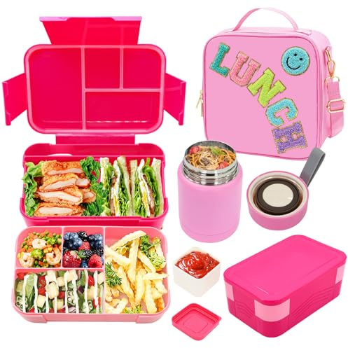 Pink Lunch Box for Girls with 10oz Thermo, with 6 Compartment Bento Box, Nylon Insulated Lunch Bag Adjustable Strap for Girl Kids Teens School Travel Picnic