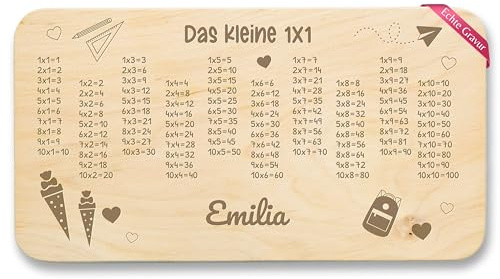 Frühstücksbrettchen Holz Natur - Holzbrettchen mit Kleinem 1x1 | Geschenkidee zur Einschulung | Mathe Lernbrett Schulanfang | Frühstücksbrett für Kinder - 22x12 - Holz - multiplikationsbrett