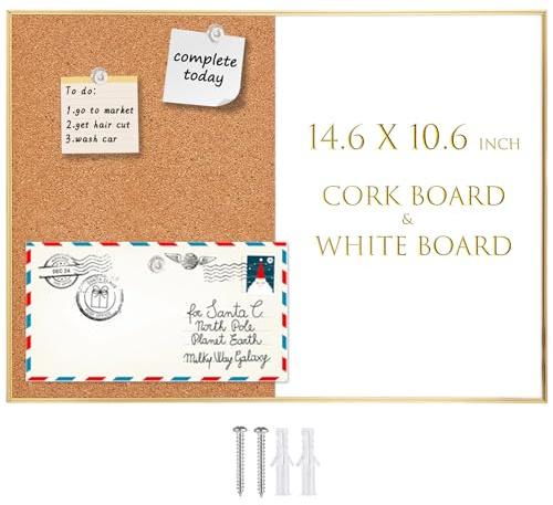 Okydoky Cork Board White Board Combo, Small Size 10.6 x 14.6 Magnetic Dry Erase Board/Bulletin Combination Board, Gold Aluminum Frame, for Home, Office, School(ZHBB-Gold-2737)