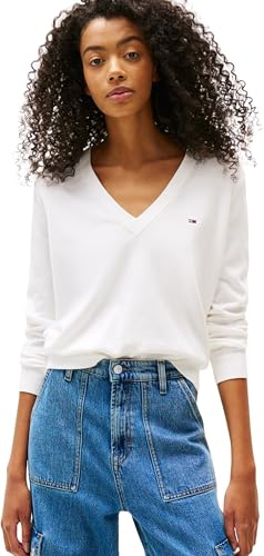 Tommy Jeans Jersey Mujer Essential con Cuello de Pico, Blanco (Ecru), XXL