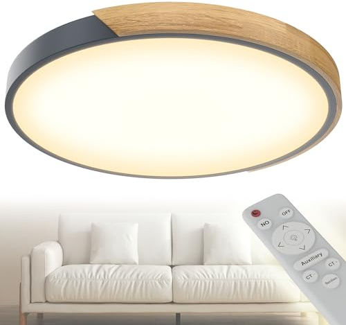 YRHome Moderne Runde Holz Deckenlampe LED, 96W Dimmbar Kaltweiß, Mit Fernbedienung, Für Küche Lounge, Grauer Rahmen