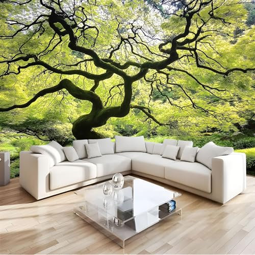JEDTAKCT Papier Peint Panoramique Grand Arbre Rétro 260X175Cm - Photo Décoration Murale – Papier Peint Mural Pour Cuisine Chambre, Salon, Fond Tv - Forêt Verte - Revêtement Mural