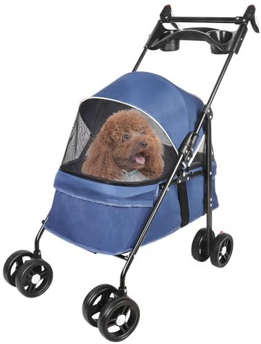 OHMG Poussette pour chien chat pliable,Les petits et chiens âgés,Jusqu'à 20 kg,Roues avec freins à 360°,Panier xxl,3 fenêtres,Porte-gobelet,Chariot pour chien
