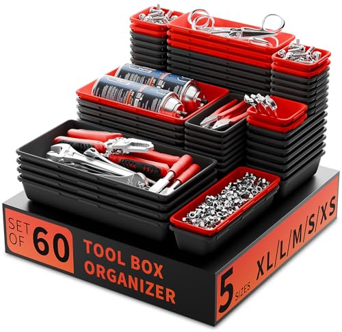 FLYVOLE Werkzeugkasten, Organizer für Werkzeugkisten, Schreibtischschubladen, Werkzeugkasten, Organizer für Roll-Werkzeugkisten (60 Stück, schwarz + rot)