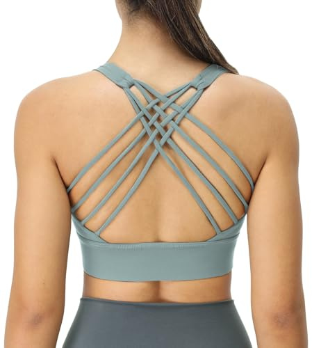 icyzone Dam Cross Back Yoga Sport-BH - Vadderad Medium Stöd Gym Träning Toppar BH, Blå (Dusty blå), XL