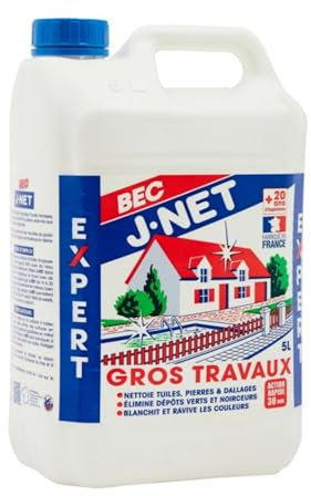 Nettoyant J-net Bec Gros Travaux 5l - Détruit dépôts vert & noirceurs - Nettoyant Puissant multi-surface - Redonne aux façades, toitures, sols leurs état d’origine - Made in France.