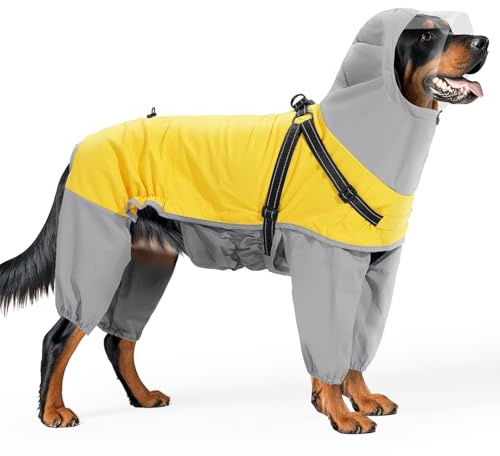 Mfiker Hunde-Regenmantel mit Geschirr und Kapuze, verstellbar, wasserdichte Regenjacke für mittelgroße und große Hunde, winddichter Regenmantel für regnerischen windigen Schnee, Größe L