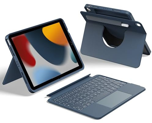 HOU Combo Clavier pour iPad 9e génération (10,2 Pouces, 2021)/8e/7e génération/Air 3/Pro 10.5,Trackpad Multi-Touch, Rétroéclairage 7 Couleurs, Rotatif & Amovible,Modes Portrait/Paysage,Bleu Marine