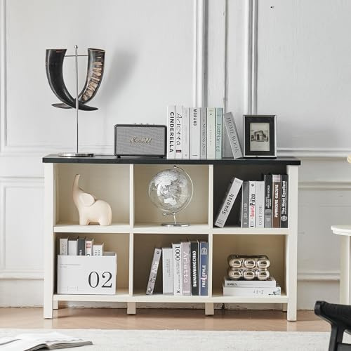 LELELINKY 6-Fach Holz Bücherregale, weiß Standregal, Multifunktionale Offene Schränke, Boden Bauernhaus Wind-TV-Schrank Stylisches Einrichtungshighlight für Wohnzimmer, Büro und Schlafzimmer