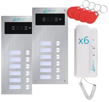 Kit d'interphone automatique 2 fils anti-vandalisme avec lecteur RFID complet avec téléphones, bloc d'alimentation | Très facile à installer, encastré ou surface (plaque de rue 6 logements)