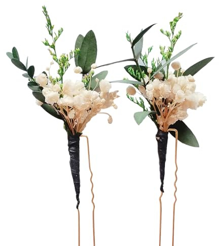 JIHUOO 2 pièces Épingles à cheveux de mariage avec vraies fleurs séchées - Épingles à cheveux en fleurs blanches - Épingles à cheveux de mariée pour douche nuptiale - Épingles à cheveux artisanales