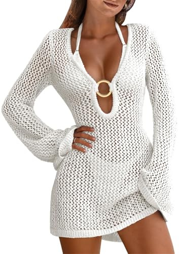 SWOAMER Damen Sexy Bikini Cover Up V-Ausschnitt Oversize Strandkleid Langarm Badeanzug Lochmuster Häkelt Cutout Beach Crochet Cover Up Weiß L