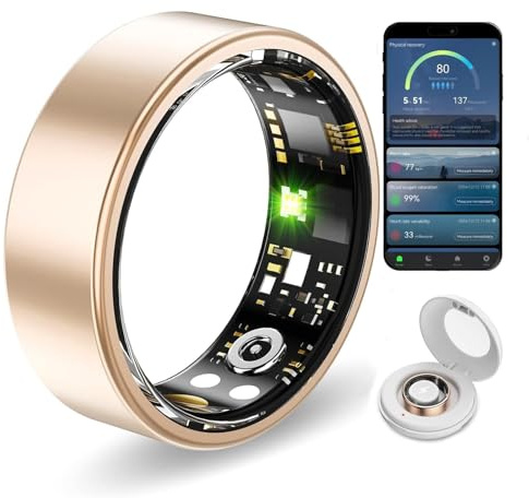 Smart Ring 2025, Health & Fitness Tracker with Heart Rate Monitor, Sleep Analysis, Step Counter, Waterproof Activity Ring for Men & Women (Gold, 7#)
