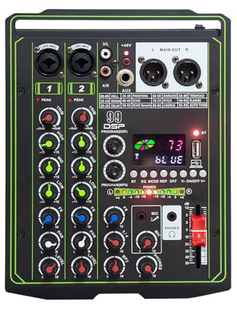 Mesa Mezclas DJ, Mezclador de sonido 4 canales 99 efectos DSP Mezclador de audio de estudio profesional Consola DJ Bluetooth