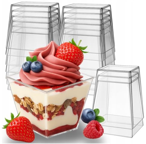 Valle Verde 50x Dessertgläser Plastik 120 ml, Dessertbecher, Dessertschalen, Eisbecher - für Pudding, Mousse, Eiscreme, Tiramisu - BPA-Frei, Wiederverwendbar, Stapelbar, Transparent