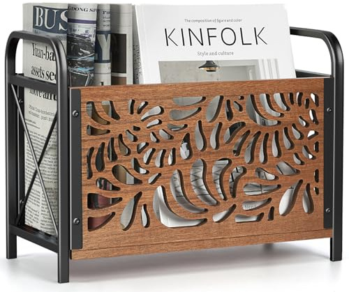 Optyuwah Newspaper Rack Wooden Magazine Holder Modern Newspaper Holder Elegant Skeleton Pattern Magazine Stand Storage Basket Magazine Collector Storage Organiser for Catalogues 33 x 26 x 17 cm