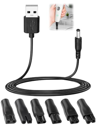 7 Pcs Universal Shaver Charger Kit USB Power Cord Adapter Electric Shaver Charger Cable with 6pcs Heads for Electric Hair Clippers Razor Beard Trimmers Desk Lamps Beauty Instruments Purifiers, 5V
