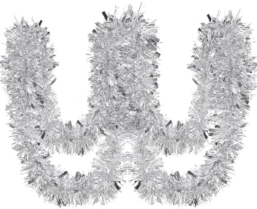 HuiCloud 10M/32Feet Christmas Tinsel Garland, Silver Metallic Shiny Thick Hanging Tinsel Garland for Christmas Tree Decoration Wreath Wedding Xmas Party Supplies