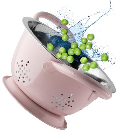 Stainless Steel Mini Colander - Durable & Rust Resistant Drainer with Perforated Drainage Holes & Ergonomic Side Handles. Great Strainer for Pasta, Veggies & Fruits. 15cm Dia x 8.6cm. Cherry Blossom