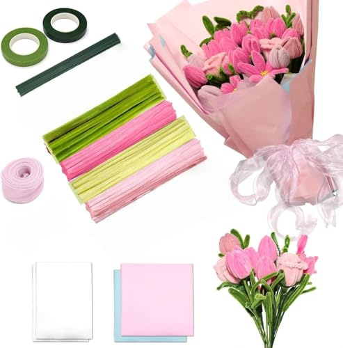 Pfeifenreiniger Set, 300 Stück 4 Farben Pfeifenreiniger Set zur Herstellung von Verschiedenfarbigen Pfeifenreiniger Sträußen, Blumenpapier, Bändern, Dochten, Stäben, kreativen Blumen DIY