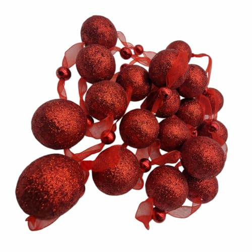 Ghirlanda di palline rosse da 2 m – Ghirlanda natalizia con 20 palline glitterate e 19 perline su nastro di organza – decorazione festiva per caminetti, striscioni e davanzali
