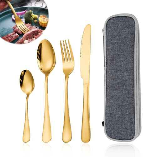 Gold Cutlery Set, 4Pcs Stainless Steel Cutlery Set for 1 with Travel Pouch, Knife and Fork Spoo Sets, Portable Travel Cutlery Sets for Home Kitchen Camping