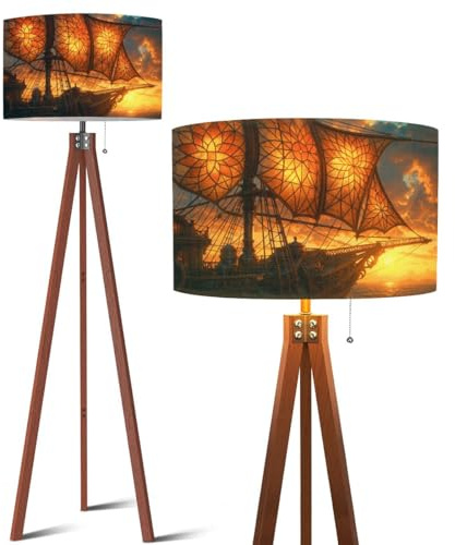 BVCAHSAW Wood Tripod Floor Lamp Vintage Floral Glass Sails Dusk Dream Mid Century Standing Lamp Linen Shade Dimmable Modern Tall lamp Home Decor for Living Room Bedroom Office