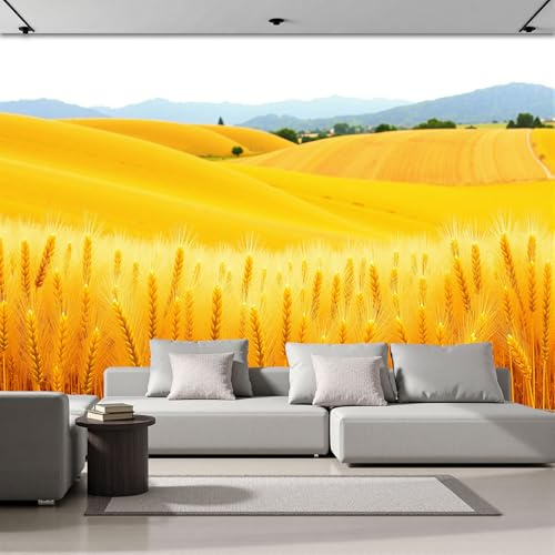 Carta Da Parati Campo Grano Rurale Acquerello 3D Effetto 200X140Cm Carta Da Parati Murale Illustrazione Naturale Giallo Blu Fotomurale Facile Da Installare Sala Pranzo Corridoio Fotomurale Da Parete