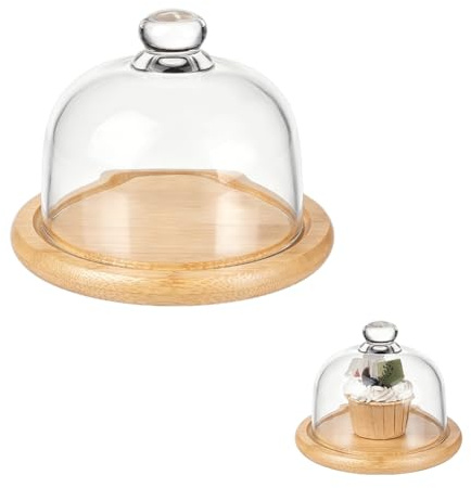 UNICRAFTALE 11.3cm Hohe Glas Dessert Glocke Mit Holz Basis 13cm Durchmesser Klare Mini Kuchenplatte Mit Haube Glas Glocke Für Küche Und Party Servierplatte
