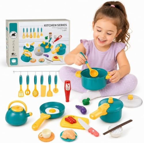 Toyana Kids Pots and Pans Playset, 26 Pcs Realistic Kitchen Accessories with Play Food, Interactive Cooking Role Play Utensils, Educational Gift Toy for Children 3+ Years