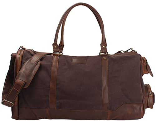 LECONI XL Reisetasche Sporttasche Canvas für Damen & Herren Canvas + Leder Weekender Unisex Handgepäck für die Reise 55x30x27cm Mokka LE2017-C