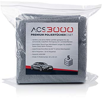 ACS 3000 Premium Poliertücher 5er Set aus ultraweichen Mikrofasern, grau Laser-Edge', 40 x 40 cm, 400 GSM