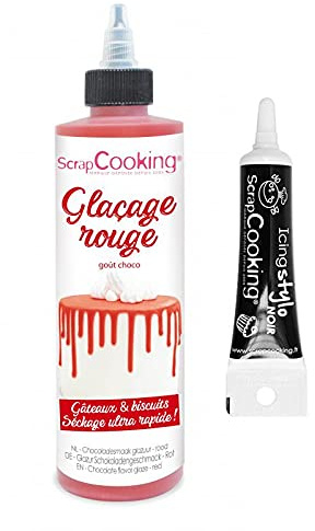 Glaçage goût chocolat 130 g rouge + Stylo de glaçage noir
