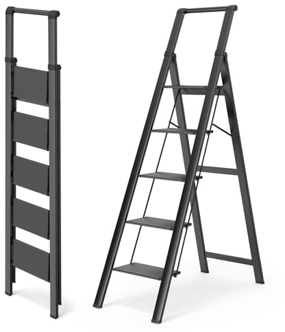 WOA WOA 5 Step Ladder, Ladders for Home, Anti-Slip Pedals, Step Stool Foldable, Lightweight to Move, Ease of Storage, Reach 10ft for Closet Kitchen Library, Hold 300lbs - Black