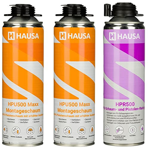 HAUSA Bauschaum-Set 2x Montageschaum 500ml grau inkl. 1x Pistolen-Reiniger 500ml; Pistolenschaum zum Verfüllen Dämmen Abdichten, extrem hohe Ausbeute, ausgezeichnete Dämm- & Isoliereigenschaften
