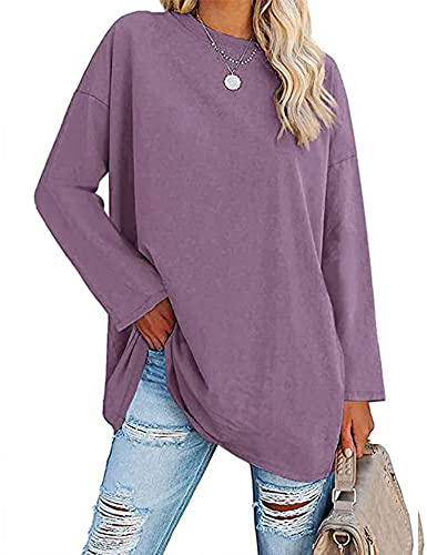 Famulily Women's Basic Round Neck Long Sleeve Cotton T Shirts Solid Color Comfy Loose Tunic Tee Shirts Tops