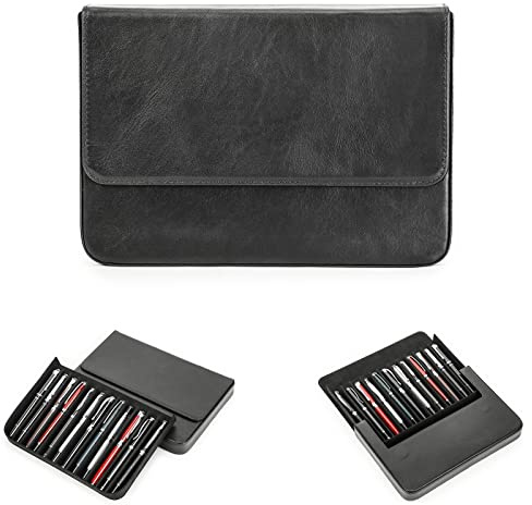 Hiram Leder-Füllfederhalter-Etui für 12 Stifte, Leder-Stift-Aufbewahrungsbox mit Verstecktem Magnetischem Schnappverschluss-Design (Schwarz)