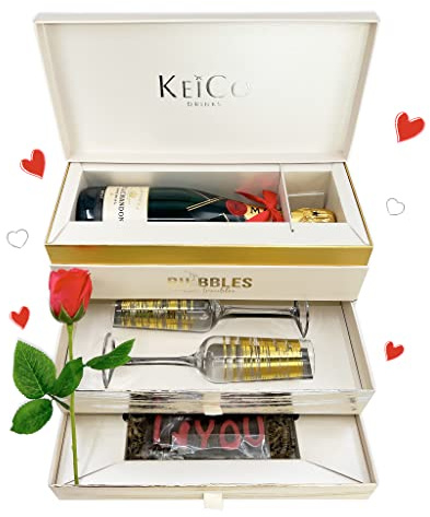 KeiCo Luxe Champagne Drawer Box Moet & Chandon 75cl, 2 x Glass Flutes, I Love You Chocolates & Rose! Hamper Gift Box - Anniversary  Present For Wife or Husband (Champagne)